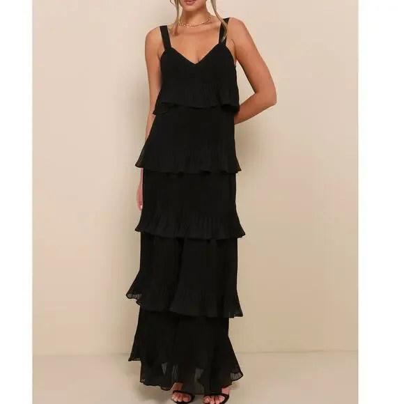 Lulus Elegant Nature Black Pleated Sheath Chiffon Sleeveless Tiered Maxi Dress - Picture 2 of 10